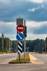 Road sign about construction and repair work. Prohibition of access to the construction site. Closed road. Construction and road works.
