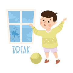 Little Boy Breaking Window with Ball Demonstrating Vocabulary and Verb Studying Vector Illustration