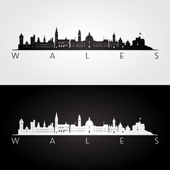 Wales skyline and landmarks silhouette, black and white design, vector illustration. - obrazy, fototapety, plakaty