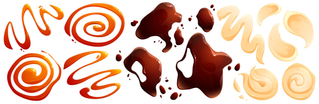 Stains and splashes of mayonnaise, liquid soy sauce and teriyaki. Vector cartoon set of spills and strips of cream, cheese sauce, mayo and caramel isolated on white background