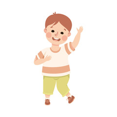 Cute Little Boy Waving Raised Hand Greeting Vector Illustration