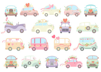 Vintage Car Decorated with Flowers and Ribbon as Wedding Retro Vehicle Big Vector Set
