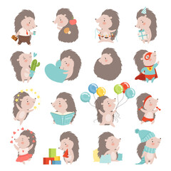 Funny Grey Hedgehog Character Engaged in Different Activity Big Vector Set