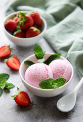 Homemade strawberry  ice cream with fresh strawberries