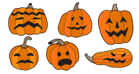 Set of pumpkin icons. Halloween pumpkins with various facial expressions. Smiling, screaming, cute, scary. Colored pumpkin lanterns. Party invitation, banner, poster element template. Vector sign