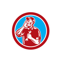 Mechanic Calling Out Holding Hand Spanner Retro