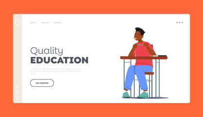 Quality Primary Education Landing Page Template. Student Child Sitting at Desk Listening Lecture on Lesson in School