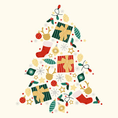 Christmas elements are laid out in the shape of a Christmas tree.