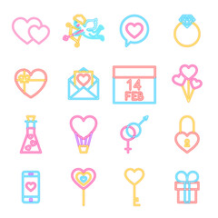Valentine Day Neon Icons Isolated.  Illustration of Glowing Bright Led Lamp over White Symbols.