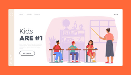 Kids on Lesson Landing Page Template. Children Students Characters with Teacher in Classroom. Boys and Girls Sit at Desk
