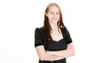 Attractive blonde woman with folded arms crossed on white background