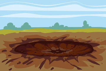Crater is a trace from the explosion on the ground of a shell, mine, meteor © hadeev