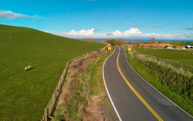 Hobbiton area in Matamata, New Zealand. Aerial panoramic view of beautiful hills from drone perspective