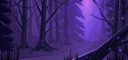 Nachtwaldlandschaft mit Bäumen, Straßen und Glühwürmchen, die in der Dunkelheit leuchten. Natürlicher Hintergrund aus wildem Holz, dunkler mysteriöser Ort mit herunterfallenden Pflanzen im Mondlicht, Cartoon-Vektorillustration