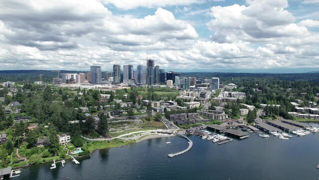 Bellevue City Skyline Aerial with Meydenbauer Bay