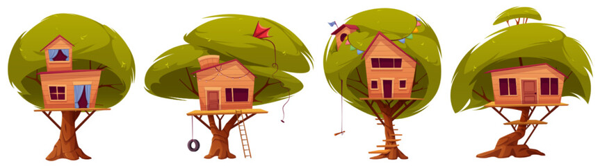 Tree house, cartoon wooden treehouse or hut for children fun games. Cabin or hovel with ladder, swing and windows isolated on white background. Summer bungalow for kids, Vector illustration, set - obrazy, fototapety, plakaty