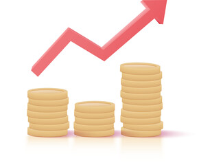 3d money coin stacks and red arrow up on pastel background
