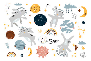 Space set with cute hares and planets. Vector baby illustration for nursery and textile decoration