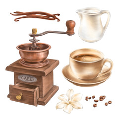 Coffee set, coffee grinder, milk jug, coffee beans, coffee cup, vanilla