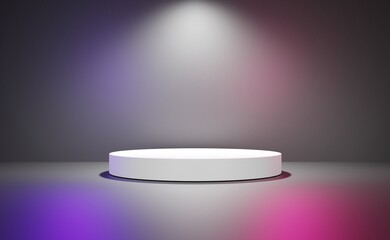 white podium black background with purple, white and pink neon lights product display cosmetics 3d rendering