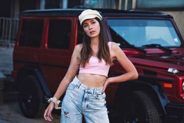 portrait of a woman in sofia bulgaria with a luxus car , model shooting, 