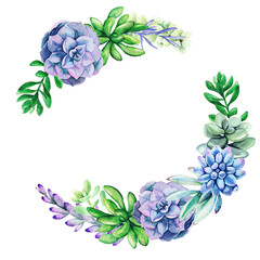 Watercolor wreath frame composed of bright full color succulent