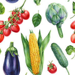 Seamless pattern of vegetables. Artichoke, eggplant, cucumber, corn and tomato in watercolor.