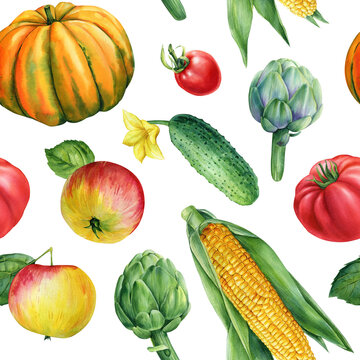 Seamless pattern of fruits and vegetables in watercolor. apples, cucumber, pumpkin and corn