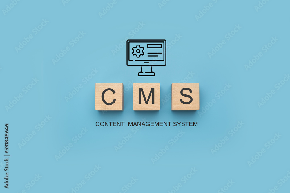 Aufkleber cms content management system banner. cms block letters on blue background. cms written on a wooden 