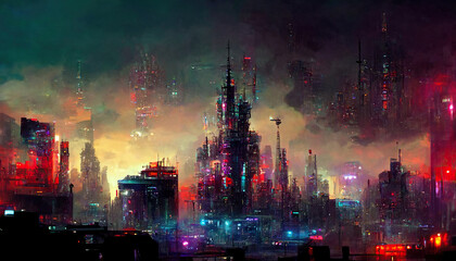 Future cyberpunk city panorama with skyscrapers. 3d illustration