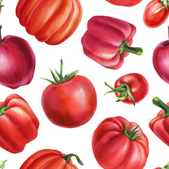 Seamless pattern of fruits and red vegetables in watercolor. apples, pepper, tomato and pumpkin