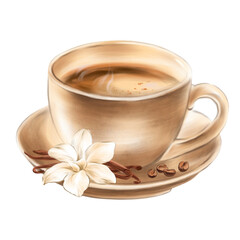 A cup of coffee with vanilla and coffee beans