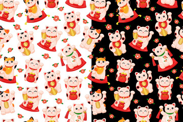 Cute Maneki Neko Japanese cat seamless pattern set. Symbol of luck and wealth. Suitable for printing on paper and fabric. Vector cartoon background. Vector illustration. 