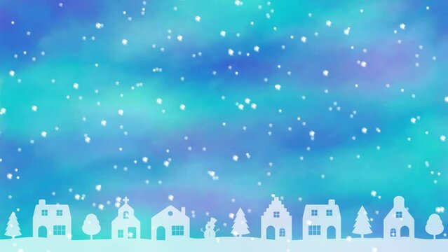 Christmas animation background with falling snow, trees and houses