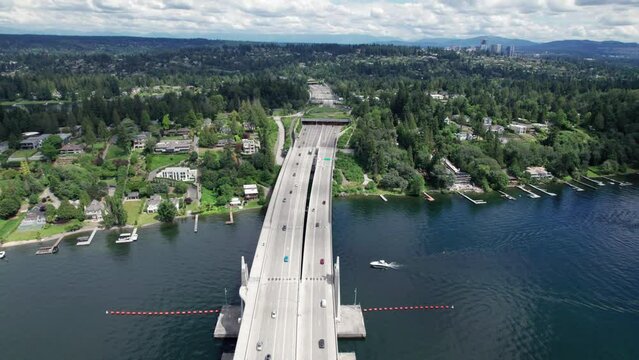 Boat Pass Under 520 Floating Bridge in Bellevue Aerial View