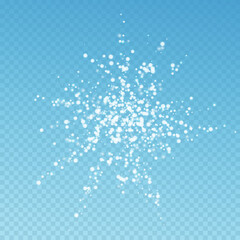 Christmas falling snow background. Subtle flying snow flakes and stars. Festive winter silver snowflake overlay template. Vector illustration