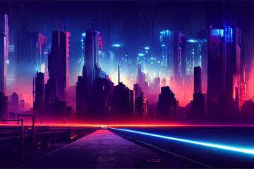 Sci-fi Cyberpunk city skyline at night, Generative AI
