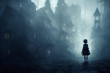 Creepy little child in spooky vilage, halloween background, concept art, digital illustration, Generative AI