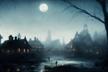 creepy and spooky fantasy village, concept art, Generative AI