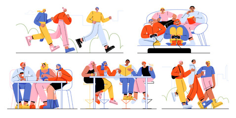 Friends spend time together, happy people communicate, meeting, reading, walking. Young men and women playing video games at home, chatting in cafe, fun hobby, sparetime, Line art flat vector set