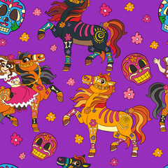 Seamless pattern of Halloween with cute mexican horse and girl