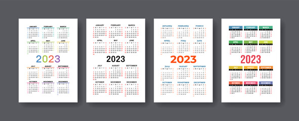Calendar 2023 year set. Vector vertical template collection. Ready design. January, February, March, April, May, June, July, August, September, October, November, December
