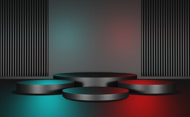 Black podium, black background with light blue and red neon lights. trade show luxury cosmetics empty podium 3d illustration
