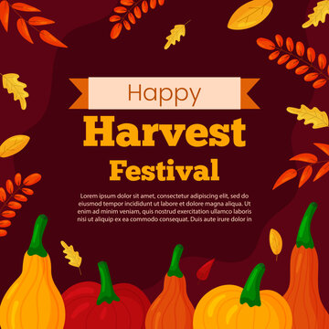 Vector square template banner invitation for Harvest festival. Autumn Thanksgiving day illustration. Pumpkins and leaves on brown background. Greeting card harvesting celebrate for social media.