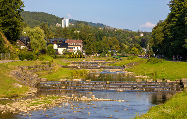 Panorama of Pieniny Mountains over Grajcarek creek joining Dunajec river in Szczawnica Zdroj...