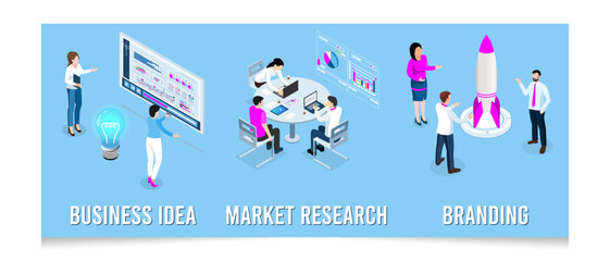 Set of 3D isometric New startup project concept with  Idea, analysis, planning, strategy, brainstorming, market research, analyze competitors. Vector illustration EPS 10