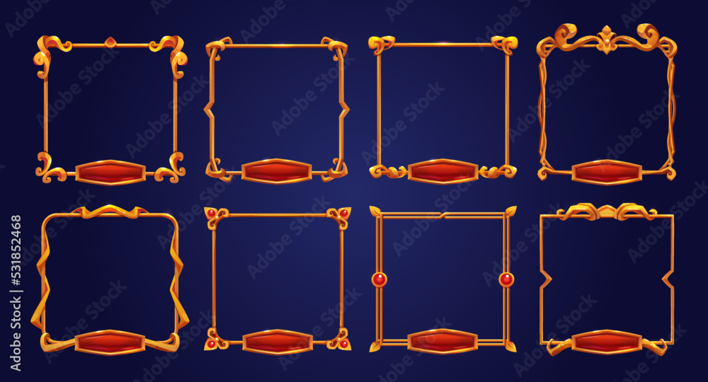Poster vintage golden frames with red buttons for rpg game ui banners and elements. empty fantasy square fr
