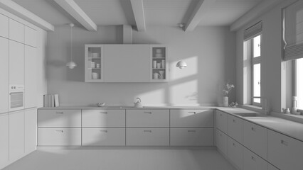 Total white project draft, minimalist wooden kitchen. Parquet floor and beams ceiling. Japandi interior design