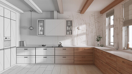 Architect interior designer concept: hand-drawn draft unfinished project that becomes real, minimalist wooden kitchen. Parquet floor and beams ceiling. Japandi style