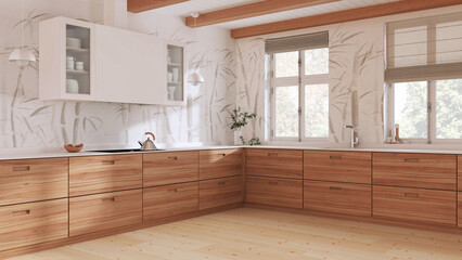 Wooden kitchen in white tones. Minimalist and clean style. Parquet floor, beams ceiling and bamboo wallpaper. Japandi interior design